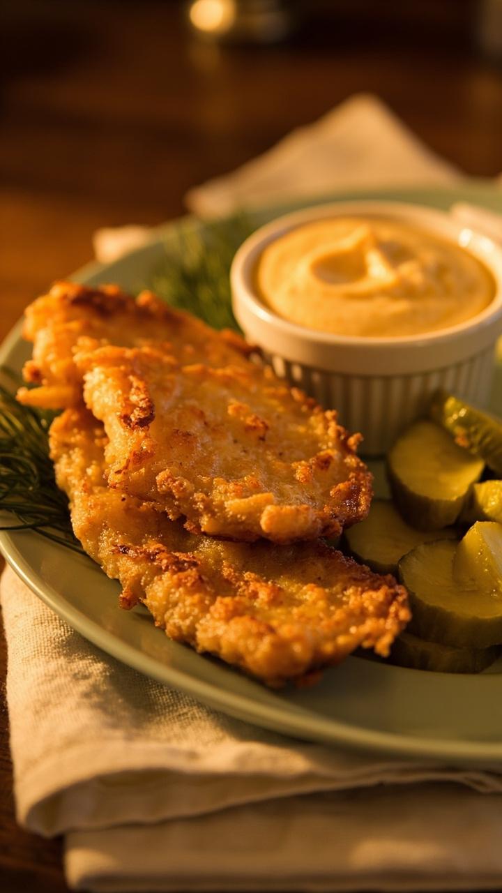 Golden fillets with a slightly craggy crust, served alongside sliced dill pickles and a ramekin of remoulade, all on a pale green plate with a linen napkin.