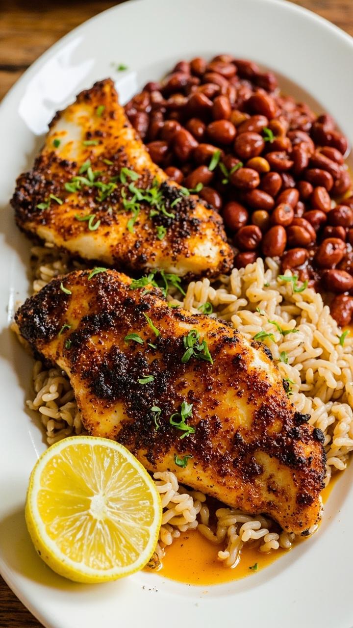Catfish filets with a charred, blackened crust, flecked with herbs, served on a white oval plate beside red beans and rice, with a lemon wedge to the side.