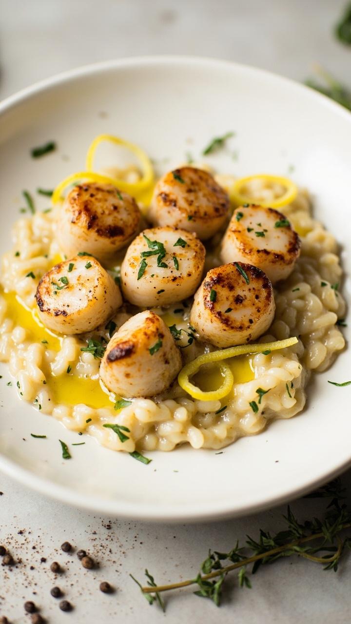 A shallow white bowl filled with creamy, pale risotto flecked with parsley, topped with five golden, seared scallops, a drizzle of olive oil, and a few lemon zest curls. Lightly cracked pepper and a sprig of fresh herb rest on the side.