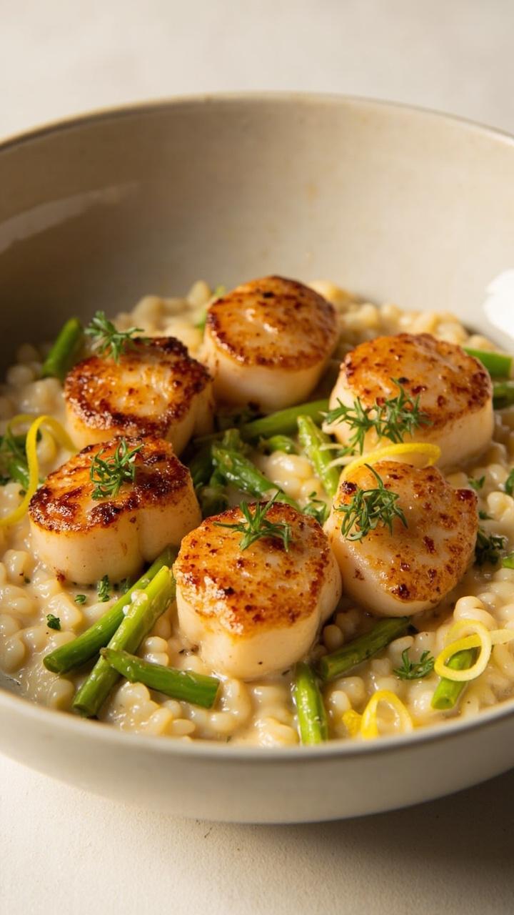 A modern, wide bowl with creamy risotto studded with crisp asparagus pieces, six golden scallops on top, scattered microgreens, and swoops of lemon zest.