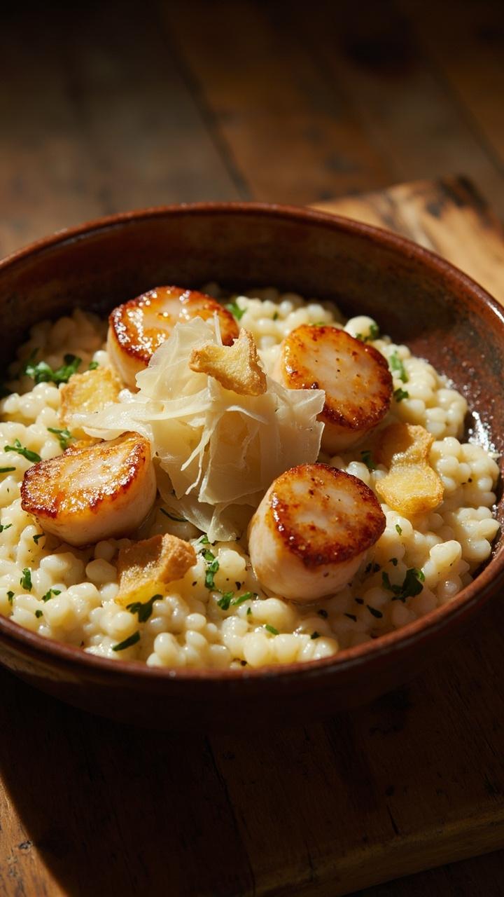 A rustic ceramic bowl heaped with creamy white risotto speckled with chopped parsley, four plump scallops glazed with melted butter, extra Parmesan shavings and garlic chips scattered on top.