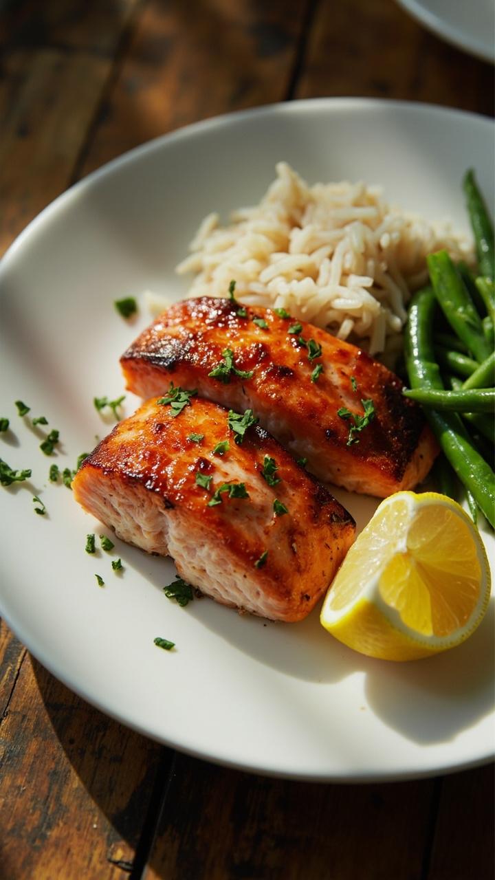 Seared salmon fillets glistening with a deep amber glaze, topped with chopped fresh parsley and a wedge of lemon, served on a white ceramic plate with a side of fluffy steamed rice and green beans, all set on a wood kitchen table.