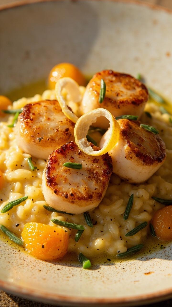 A low, handmade pottery plate layered with herbal risotto, orange segments, four golden scallops, chopped chives, and curls of lemon and orange peel over top.