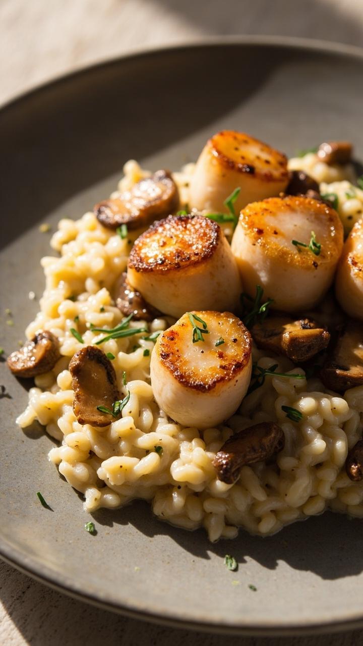 A large gray plate with creamy mushroom risotto flecked with truffle oil, crowned with three large scallops, sliced sautéed mushrooms, and a scattering of chives.