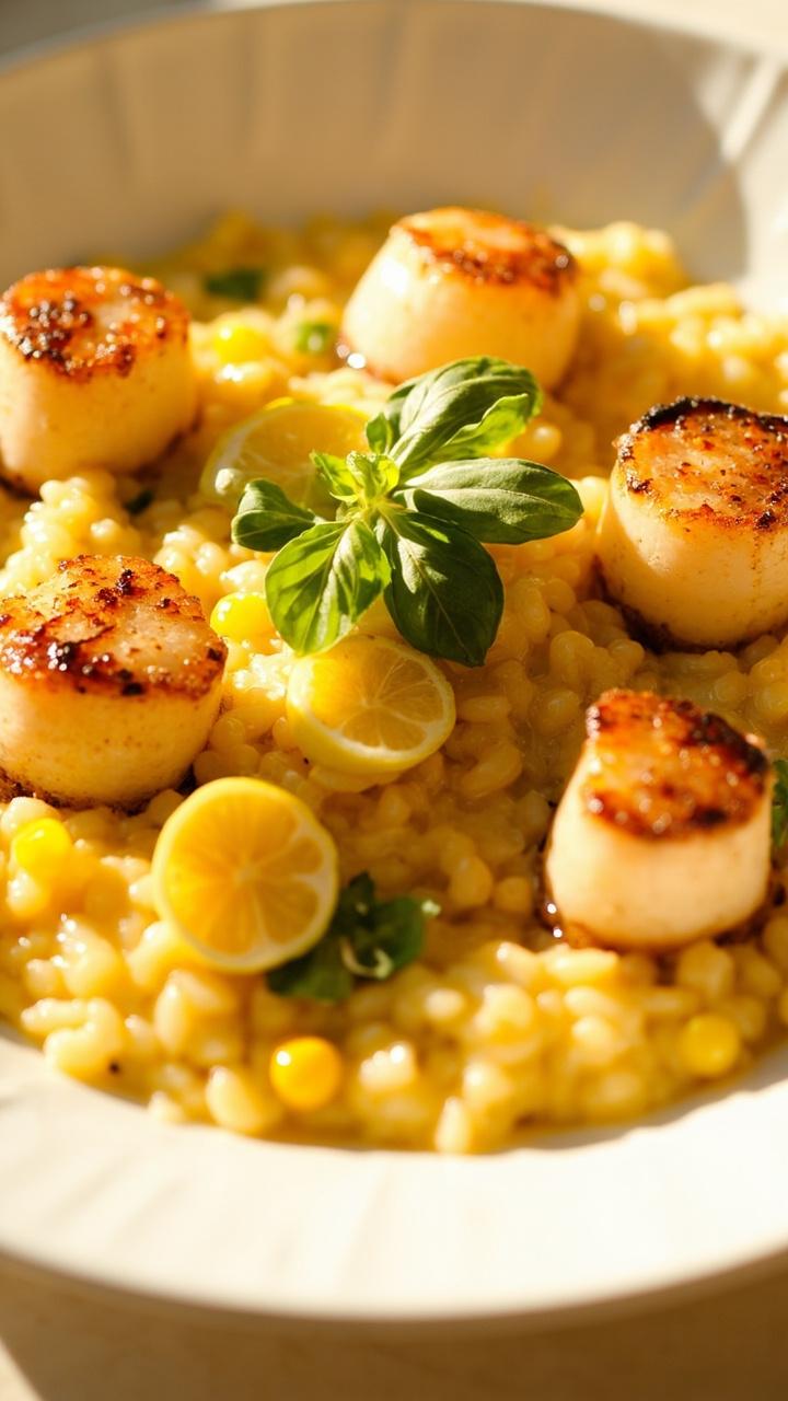 A white rimmed plate with sunshine-yellow risotto, dotted with corn kernels, slices of fresh basil, five darkly blackened scallops, and a single basil sprig in the center.
