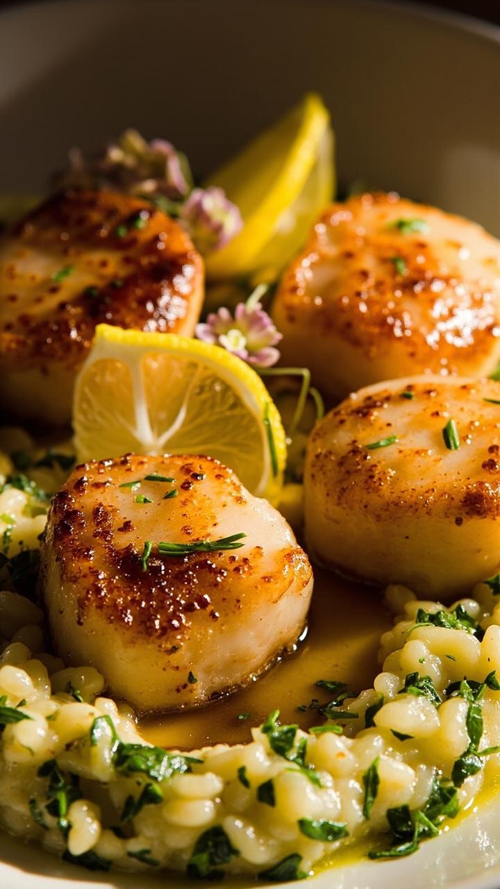 A shallow coupe bowl featuring bright risotto dotted with fresh herbs, four large scallops drizzled with warm brown butter, thin lemon rounds, and a sprinkle of chive blossoms.
