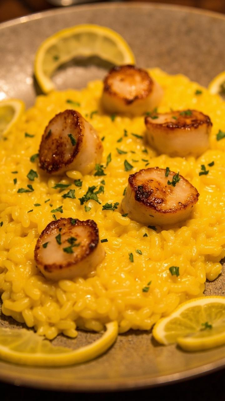 A wide, flat plate showcasing golden saffron risotto topped with five perfectly seared scallops, a little parsley, and paper-thin lemon crescents on the edge.