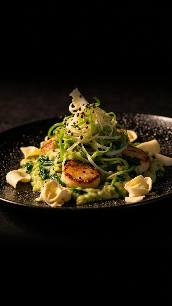 A modern black plate heaped with creamy green risotto, ribbons of wilted spinach, tucked with golden scallops, shaved Gruyère curls, and fresh cracked pepper.