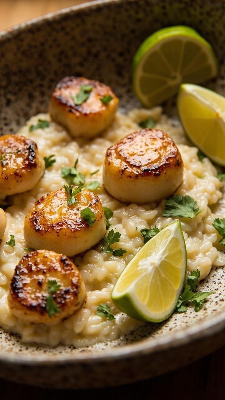 A speckled stone bowl featuring plush white risotto, five scallops seared with a ginger-lime glaze, scattered chopped cilantro, and lime wedges on the rim.