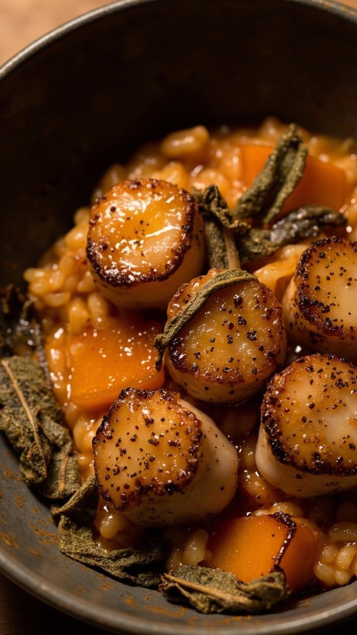 A deep gray bowl filled with orange-tinged risotto, chunks of roasted butternut squash, four spice-crusted scallops, crisp sage leaves, and a drizzle of brown butter.
