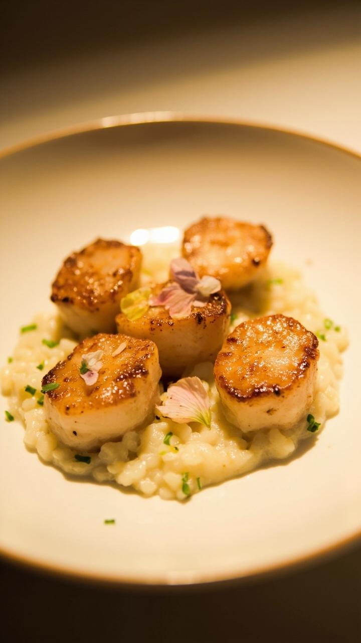 A white shallow bowl filled with pale, creamy risotto flecked with chives, five glistening scallops, and tiny edible flower petals on top.