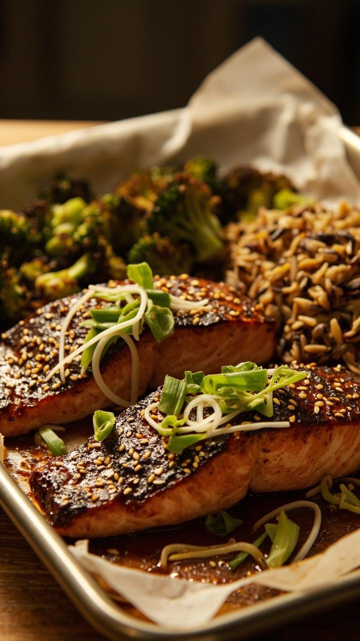 Baked salmon fillets with a dark glossy glaze, sprinkled generously with toasted sesame seeds and thinly sliced scallions, resting on parchment paper atop a baking tray, accompanied by roasted broccoli florets and wild rice.