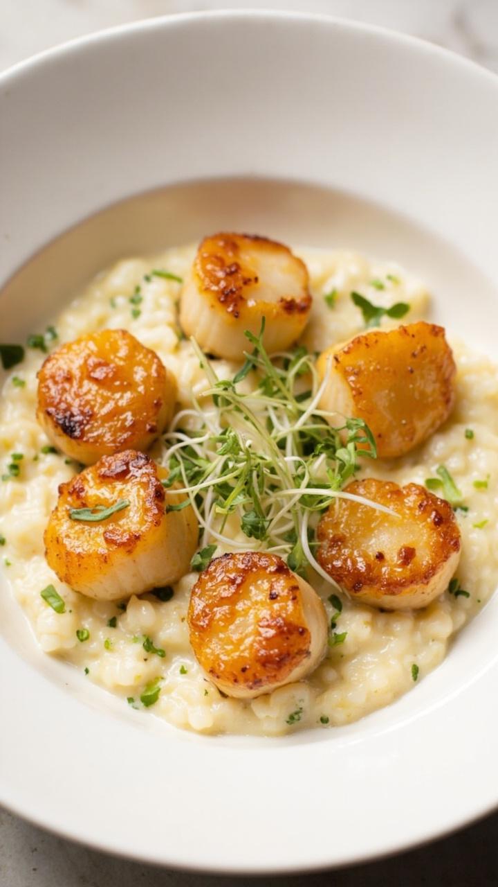 A modern wide bowl of creamy, white cauliflower risotto flecked with chopped parsley, five golden, garlic-glazed scallops, and a sprinkle of microgreens.