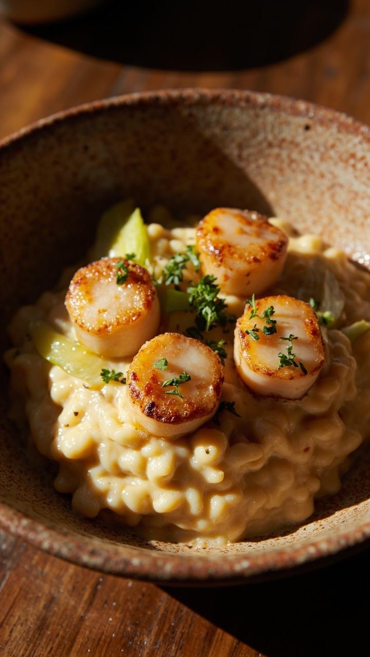 A rustic stoneware bowl with creamy risotto swirled with soft golden garlic, leeks, four caramelized scallops, and a sprinkle of parsley.
