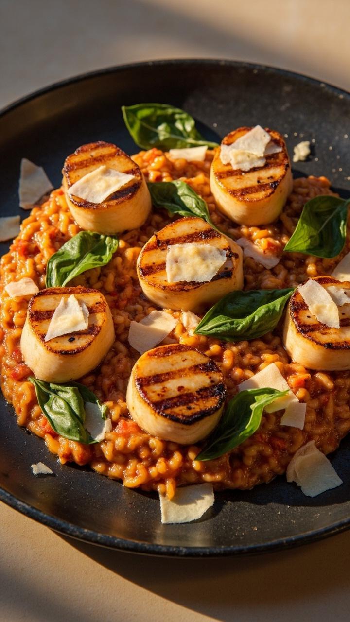 A slate plate holding vibrant tomato-swirled risotto scattered with torn basil, five grilled scallops with grill marks, and shavings of Parmesan across the top.