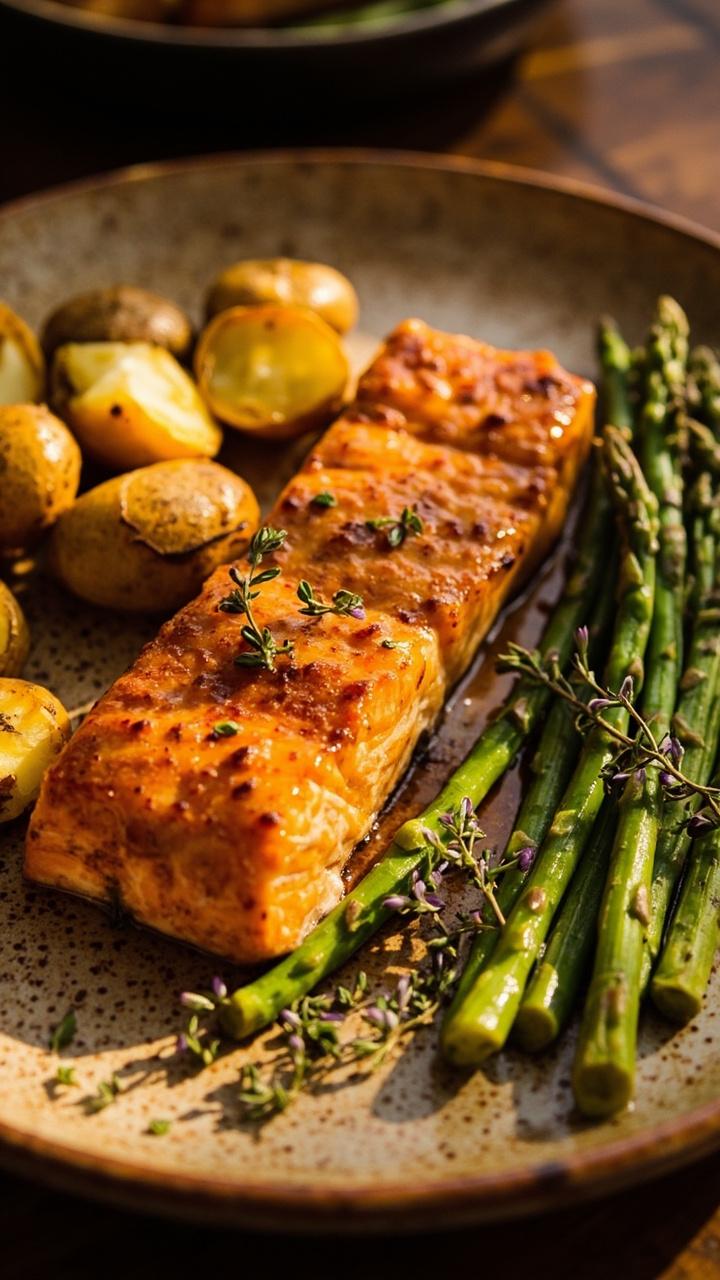 Salmon fillets coated in a shiny golden-brown honey mustard glaze, served on a rustic speckled platter alongside roasted baby potatoes and asparagus, with fresh thyme scattered on top.