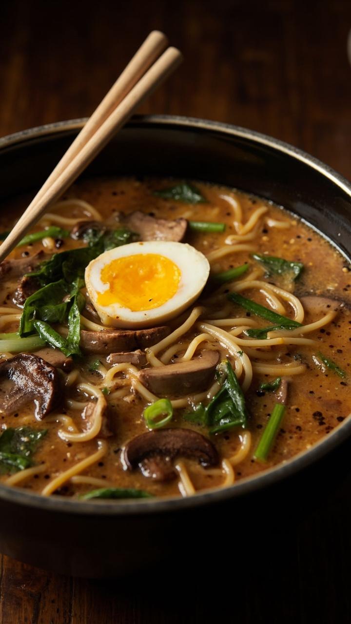 A deep ceramic bowl of ramen noodles swimming in a creamy tan broth, dotted with a melt of golden butter, thin slices of shiitake mushrooms, wilted baby spinach, and a halved soft-boiled egg. Garnish of sliced green onions and a sprinkle of sesame seeds, chopsticks resting on the rim, all on a wooden table.