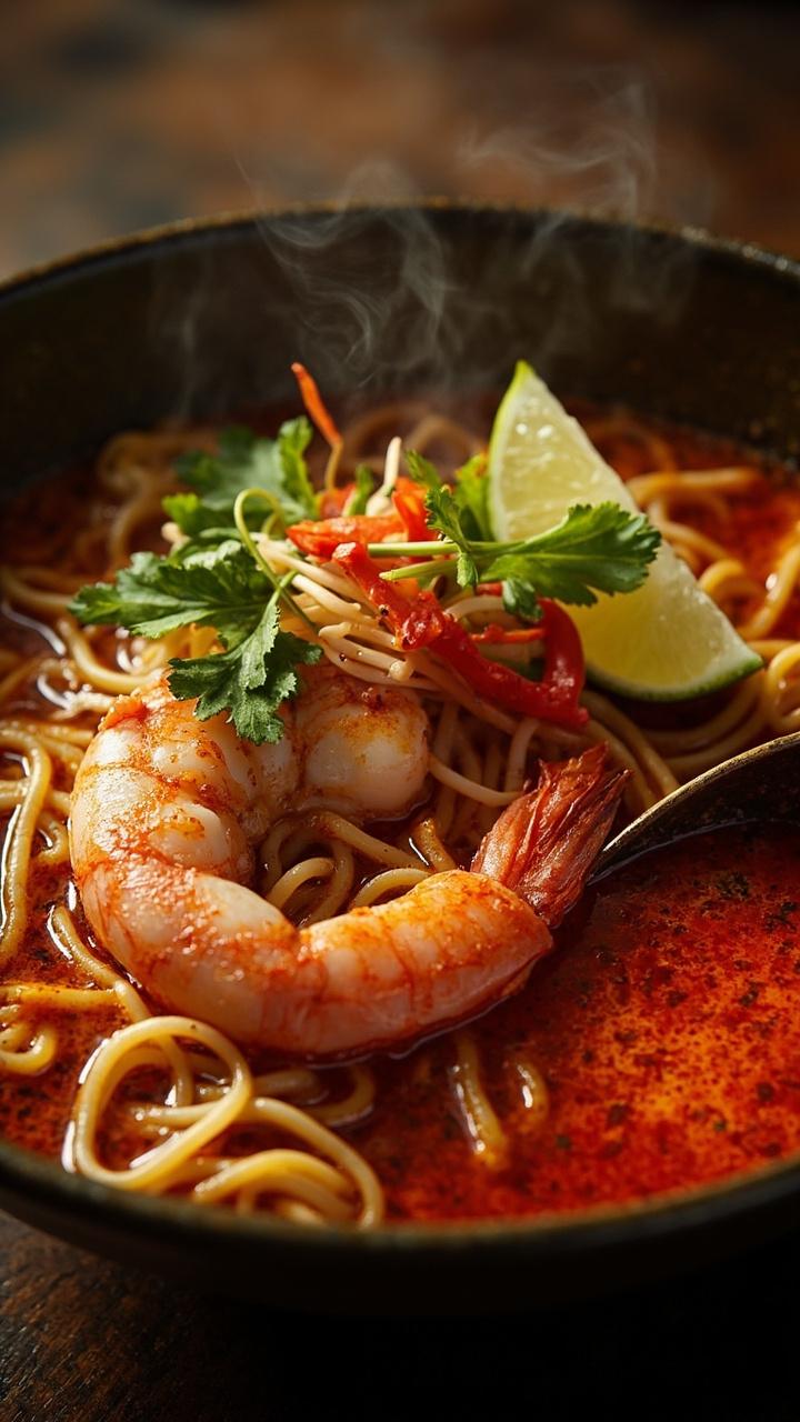 A wide, shallow bowl piled with ramen noodles in glossy reddish broth, scattered with plump, pink, pan-seared shrimp. A spoonful of chili oil pools on the surface, slices of red chili and minced garlic on top, a wedge of lime at the side, and fresh cilantro leaves.