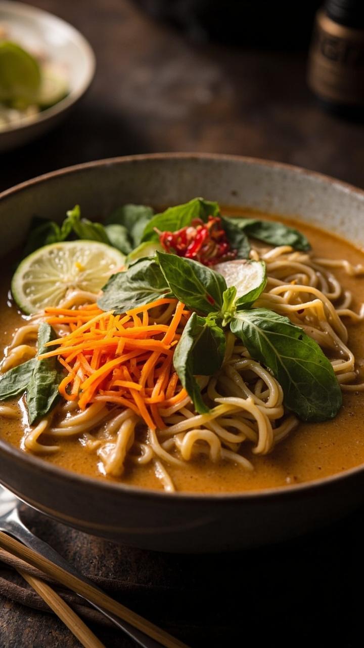 An inviting bowl of ramen tangled in a luscious creamy coconut broth, topped with shredded carrots, baby bok choy, and torn basil leaves. A lime wedge and thinly sliced red chili float alongside, and the noodles peek through the thick white broth. Long-handled spoon rests beside chopsticks.