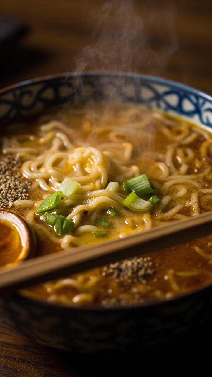 A steamy bowl of ramen in golden broth, delicate strands of cooked egg swirling throughout. Bright green sliced scallions float on top, a pinch of ground white pepper dusts everything, and a pair of chopsticks rest across a blue-patterned bowl.