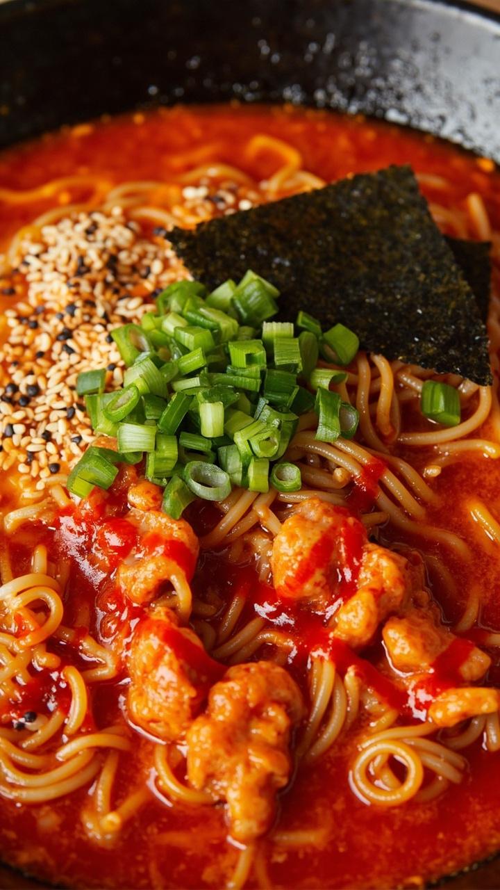 A bright red broth in a high-sided bowl, filled with ramen noodles, generous tangles of chopped kimchi on top, garnished with chopped green onions and a dusting of toasted sesame seeds. A few nori strips and a drizzle of chili paste finish the look.