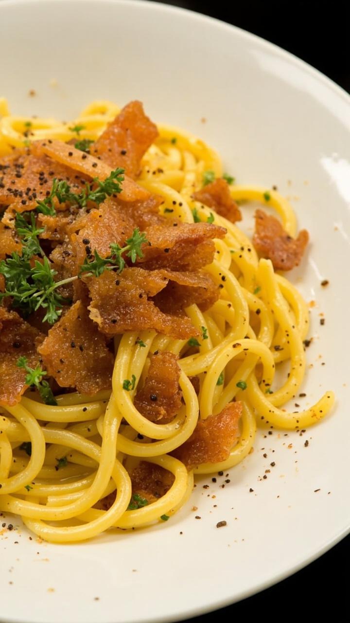 A tangle of ramen noodles coated in a creamy, pale yellow sauce, topped with crispy pancetta or bacon bits and a scattering of finely chopped parsley. A dusting of black pepper finishes the dish, served on a shallow white plate.