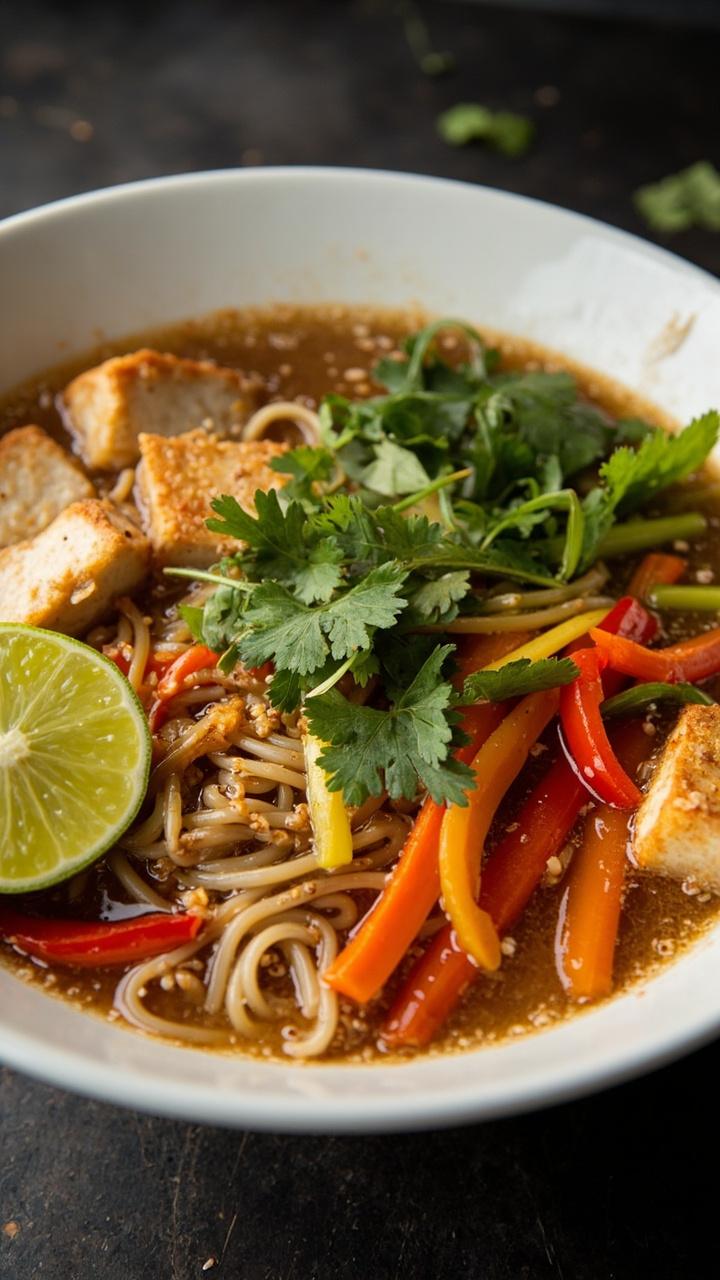 A big white bowl filled with ramen in clear broth, topped with golden crispy tofu cubes, a rainbow of sautéed bell peppers, julienned carrots, and a sprinkle of toasted sesame seeds. Cilantro and a wedge of lime sit on the edge.