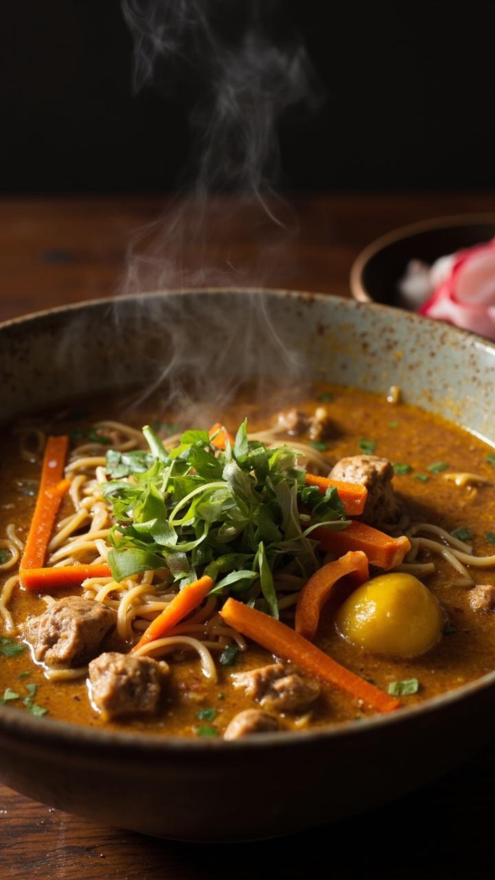 A rich brown curry-infused broth cradling ramen noodles, with pieces of tender chicken, carrot coins, and potato chunks. Garnished with a handful of chopped scallions, the soup is in a deep speckled bowl, a small extra dish of pickled radish beside it.