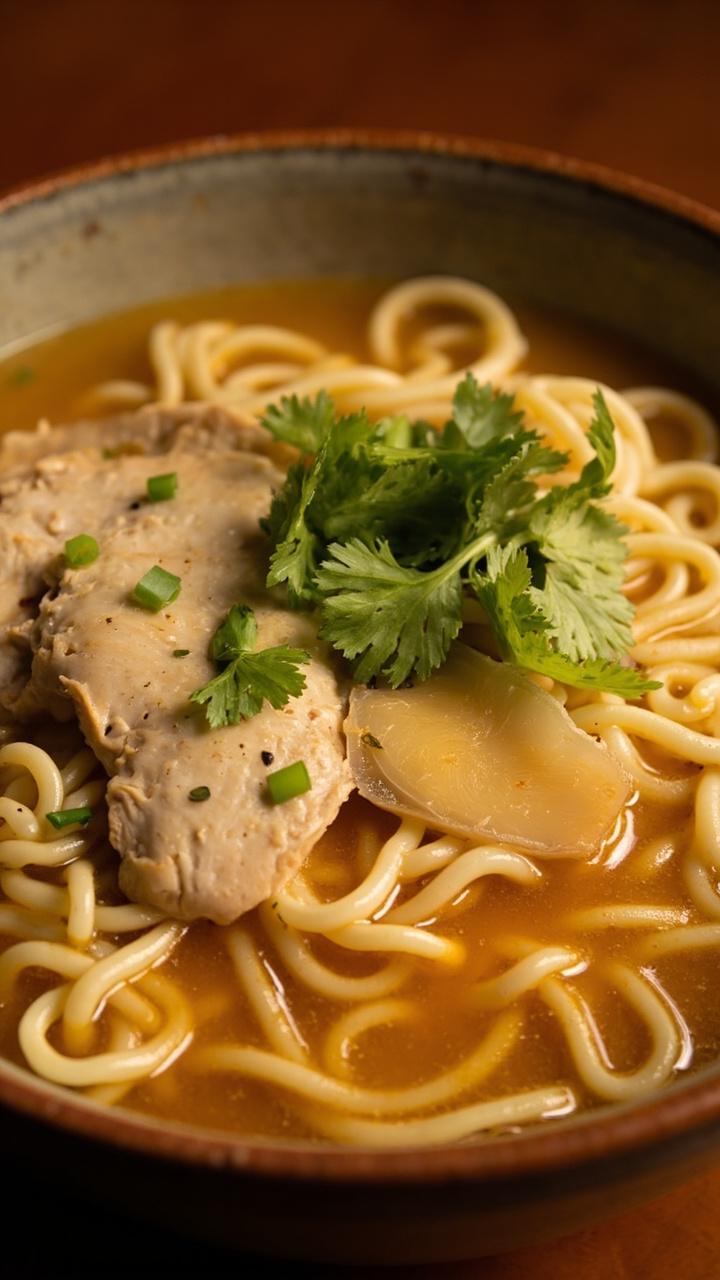 A pale golden, clear broth in a round deep bowl, packed with springy noodles, topped with thin slices of poached chicken breast, a scatter of chopped scallions, and slices of fresh ginger. A few cilantro leaves add a pop of green.