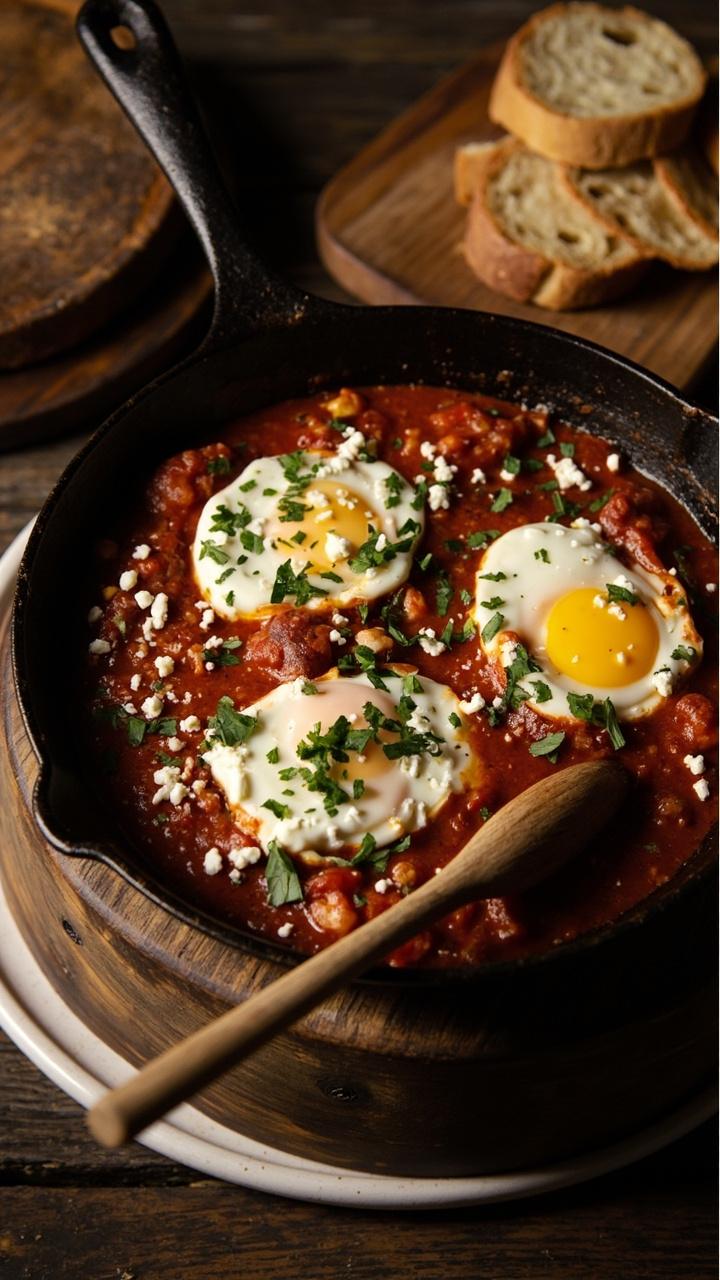 A skillet presented on a wooden trivet, filled with ramen noodles in a simmering tomato sauce, with poached eggs nestled in the sauce. Sprinkles of feta cheese and chopped parsley, a rustic spoon nearby, slices of crusty bread on the side.