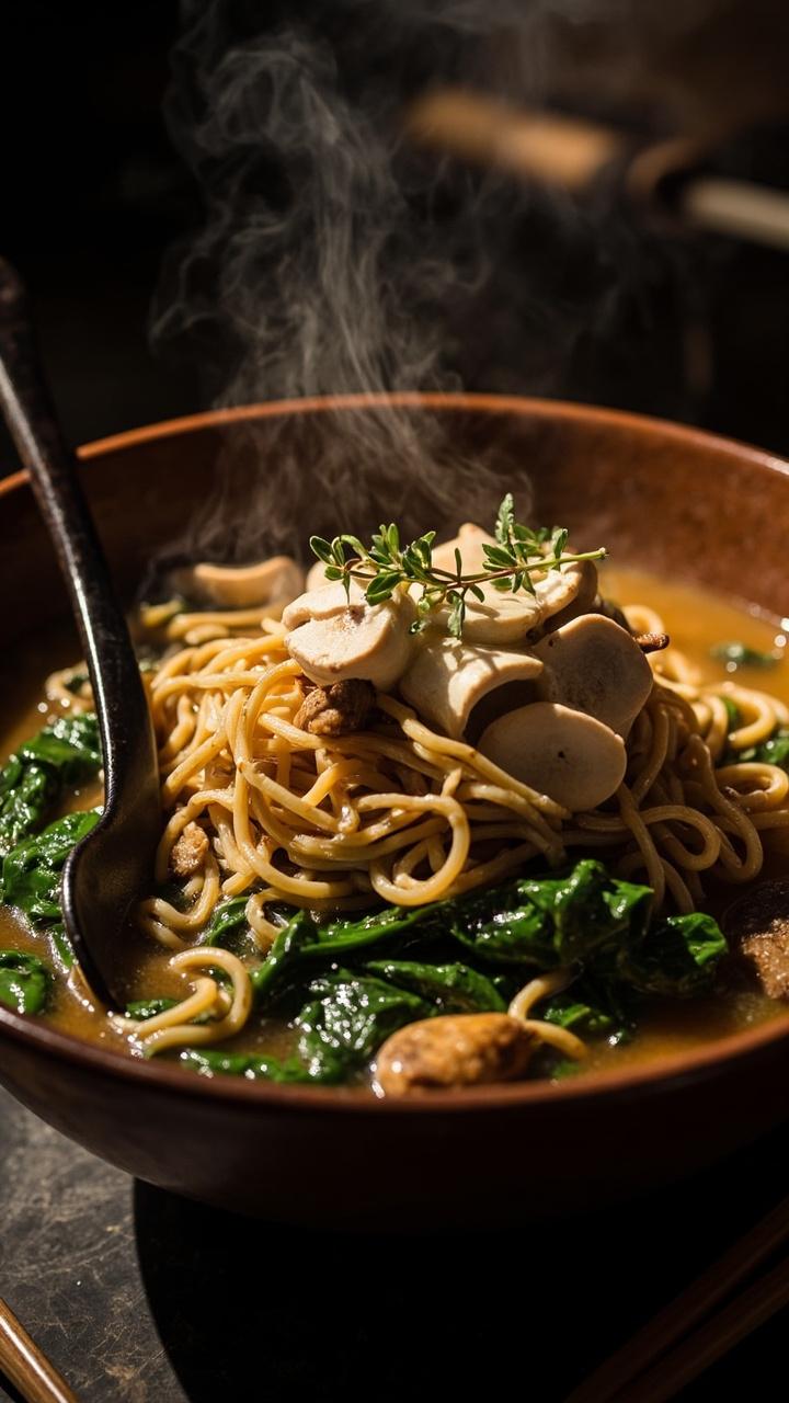 A deep bowl of ramen surrounded by a broth rich with mixed sautéed mushrooms and dark, glossy baby spinach. The noodles are topped with enoki mushrooms, additional spinach, and a few sprigs of fresh thyme. A soup spoon alongside the chopsticks.
