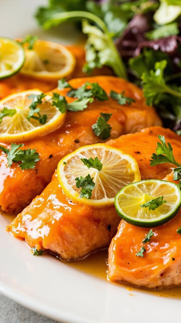 Salmon fillets glazed with a glossy amber honey-lime sauce, topped with thin slices of lime and orange, plated on a white serving platter with fresh cilantro and a side of mixed green salad.
