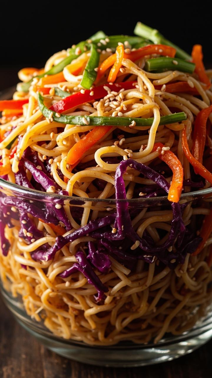 A large clear glass bowl piled high with ramen noodles, shredded red cabbage, julienned carrots, thin strips of bell pepper, and chopped scallions. Everything is lightly glossy from the sesame dressing, sprinkled with toasted sesame seeds.
