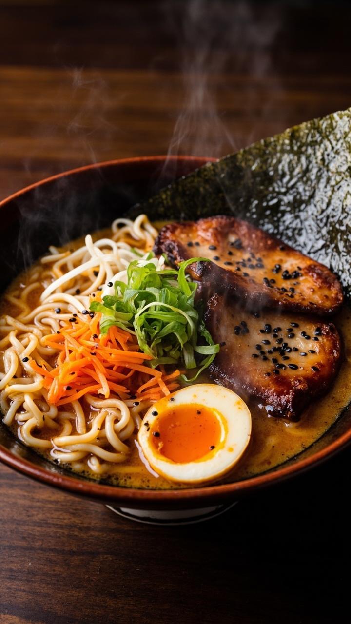 A deep Japanese-style bowl filled with ramen and a rich amber broth, layered with thick, caramelized slabs of pork belly. Pickled daikon and carrots sit alongside, with a jammy egg and scatterings of sliced green onion. Nori sheets and a sprinkling of black sesame seeds finish the bowl.