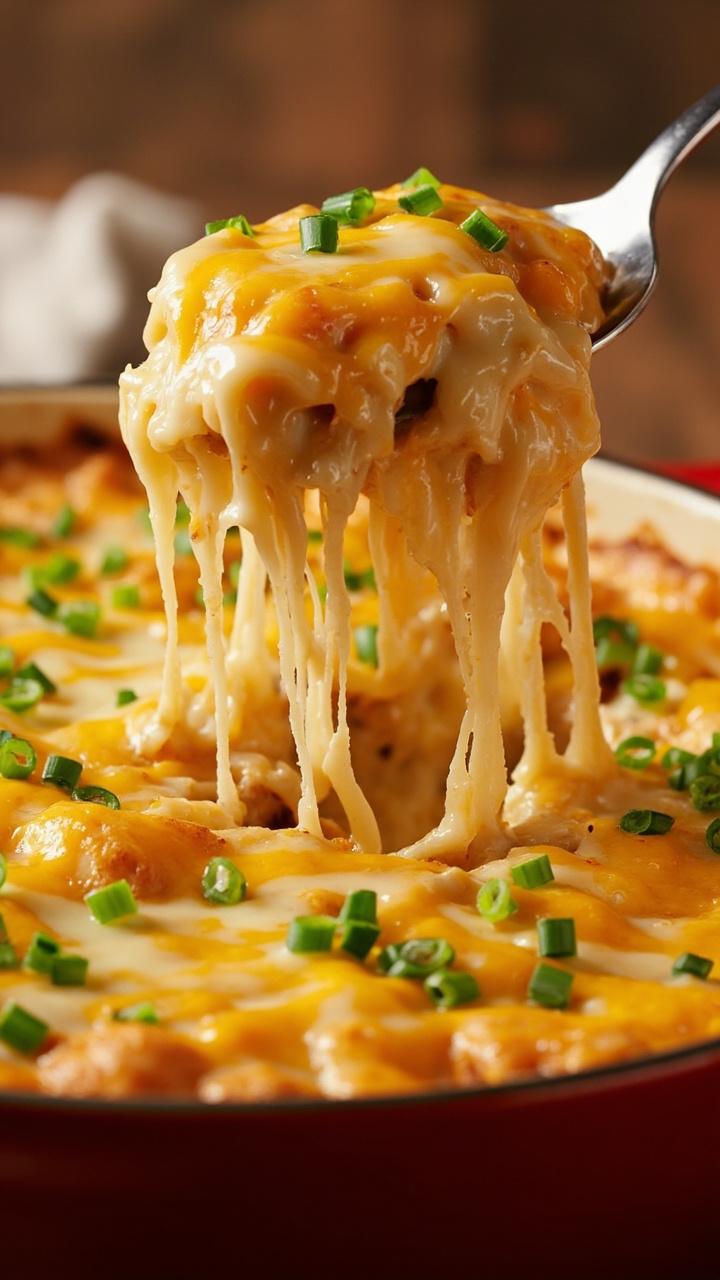 A bubbling casserole dish filled with ramen baked in a creamy cheese sauce, golden and crisp on top from a blanket of melted mozzarella and cheddar. Sprinkle of chopped chives on the surface, a serving spoon with a gooey cheese pull scooping out a portion.