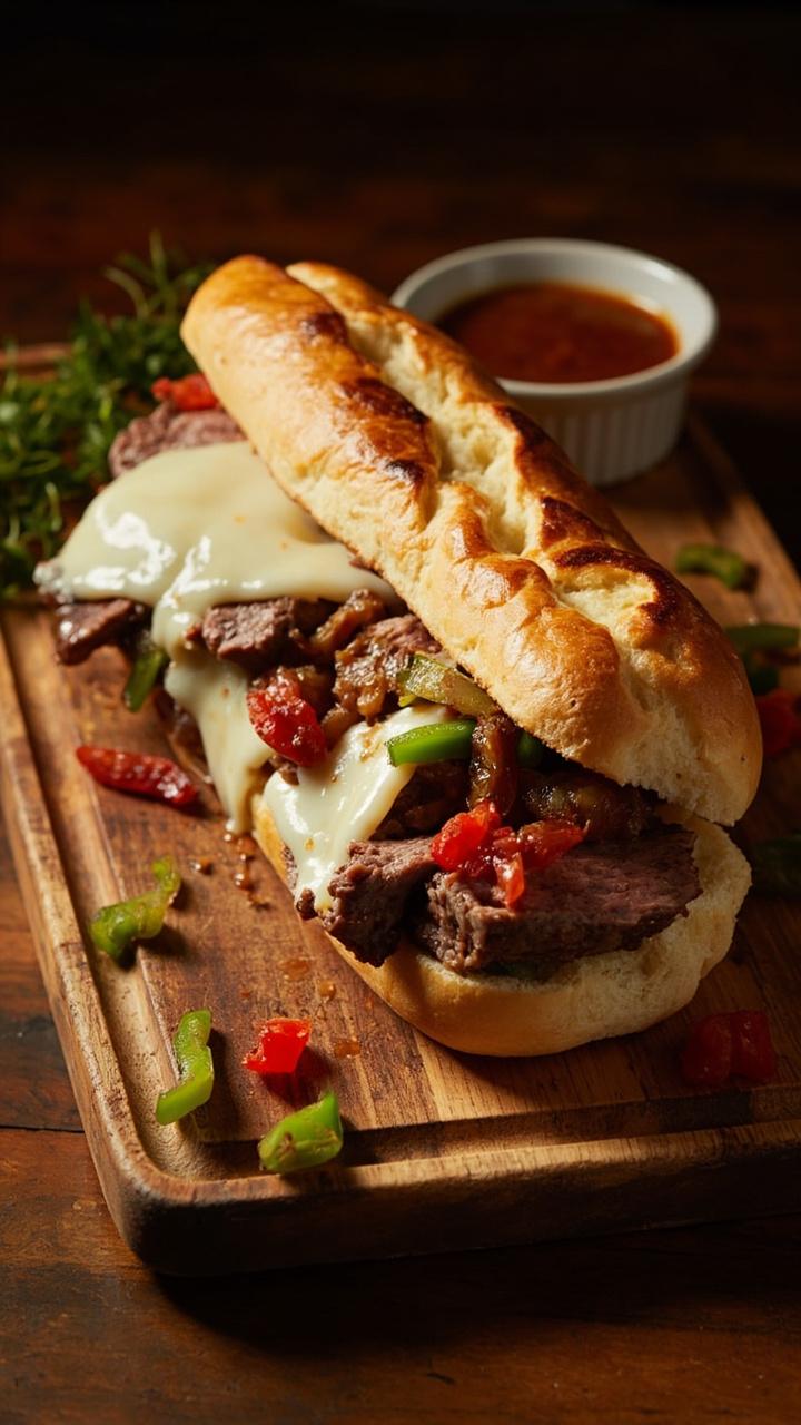 Hoagie rolls split open and stuffed with thinly sliced ribeye steak, melted provolone cheese cascading over sautéed green and red bell peppers and caramelized onions, nestled on a wooden board with a scattering of extra peppers and a ramekin of dipping sauce on the side.