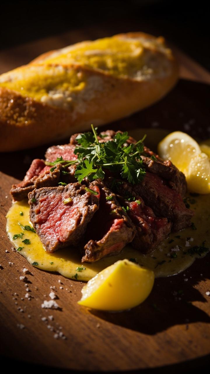 Sliced baguette smothered in golden garlic butter, piled high with medium-rare steak strips, topped with fresh parsley leaves, served atop a wooden cutting board with flakes of sea salt and a wedge of lemon for squeezing.