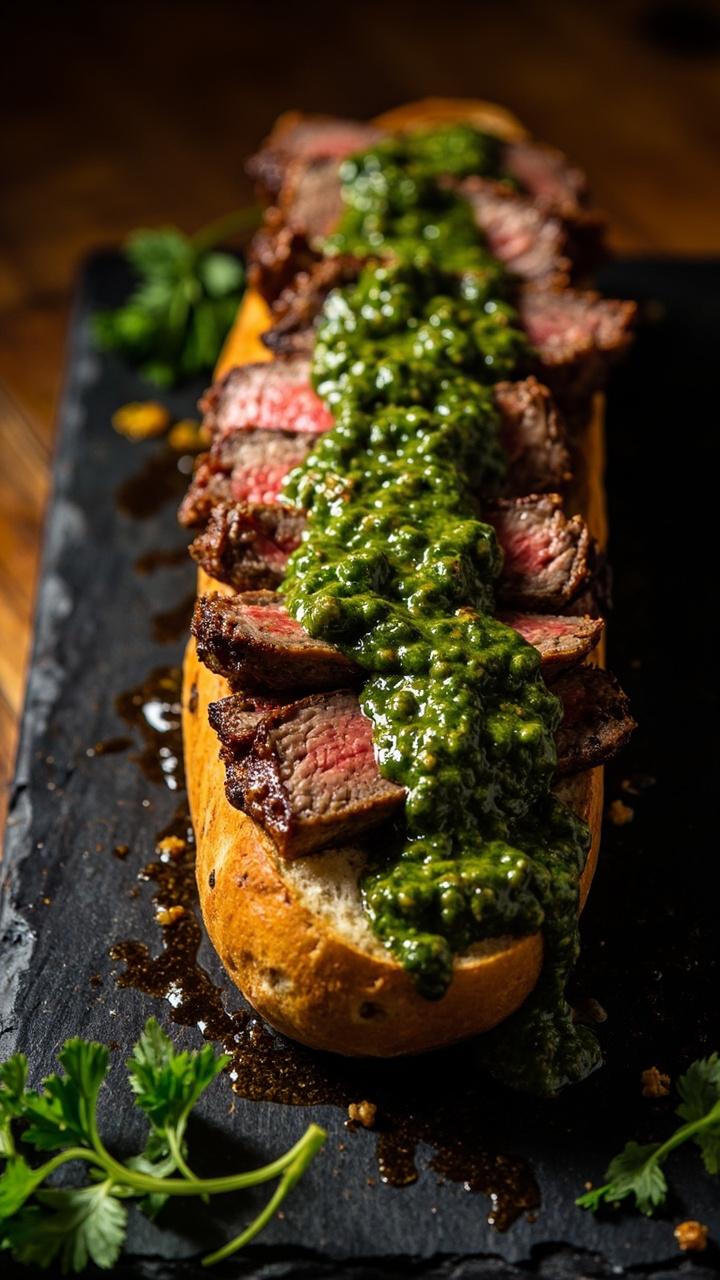 Slices of grilled steak layered over a halved, rustic baguette, topped with a generous spoonful of herby green chimichurri, garnished with extra parsley and served on a slate board with a sprig of cilantro.
