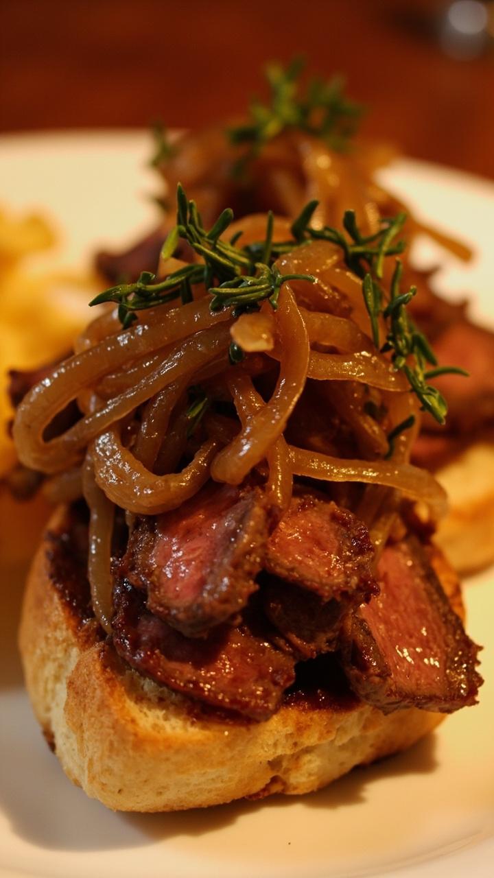 Sliced ciabatta bread heaped with layers of seared steak and golden-brown caramelized onions, finished with a sprinkling of fresh thyme leaves, served with a side of kettle chips on a white plate.