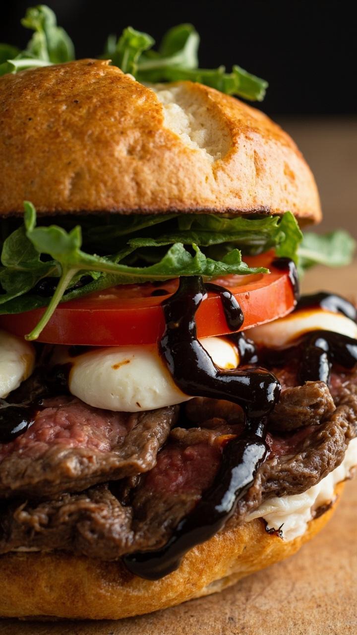 Toasted ciabatta bun loaded with layers of medium-rare steak slices, fresh mozzarella rounds, juicy tomato slices, basil leaves, and a dark swirl of balsamic glaze, plated with a handful of arugula.