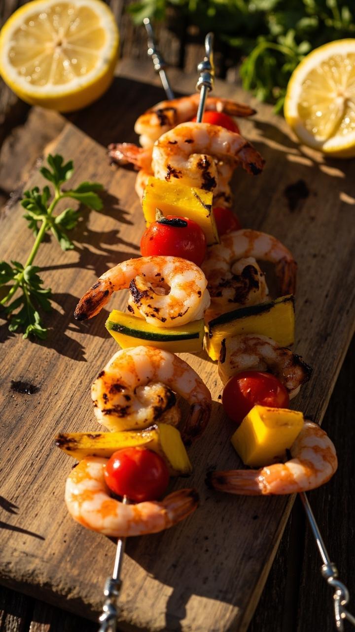 Metal skewers loaded with plump shrimp alternating with slices of yellow squash and cherry tomatoes, grilled to golden edges and served on a weathered cutting board with a halved lemon and sprigs of fresh parsley.