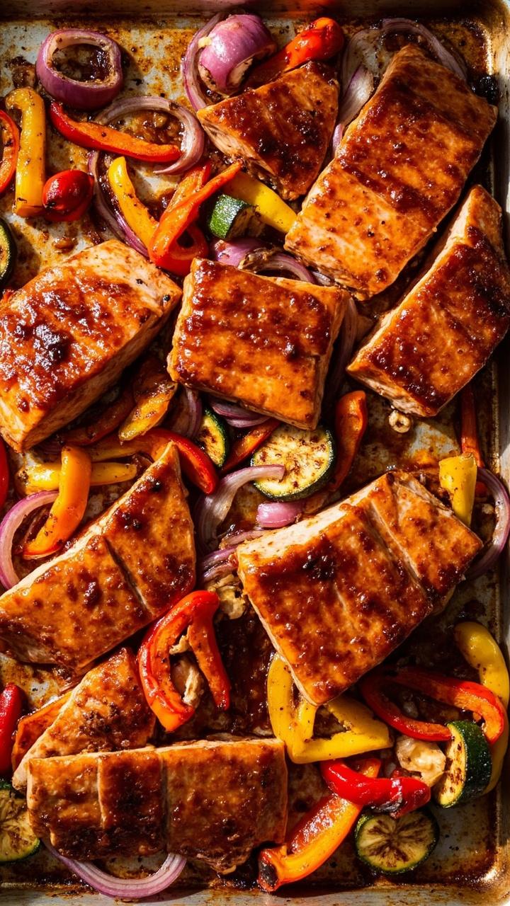 A sheet pan loaded with salmon fillets glazed in sticky honey soy sauce, surrounded by colorful roasted bell peppers, red onions, and sliced zucchini, all caramelized and served directly from the pan.