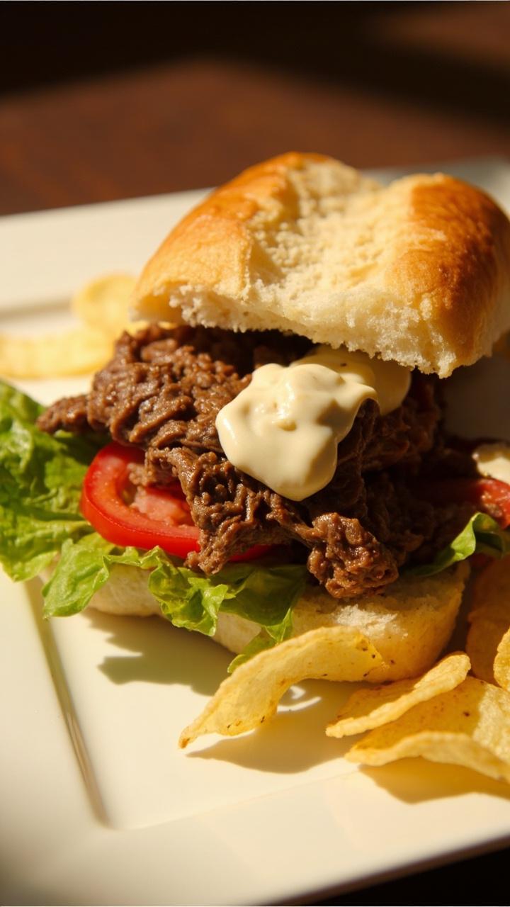 Soft sub roll sliced open and filled with tender steak strips, leafy green lettuce, tomato slices, and a slather of pale horseradish mayo, served on a white plate with a handful of potato chips.