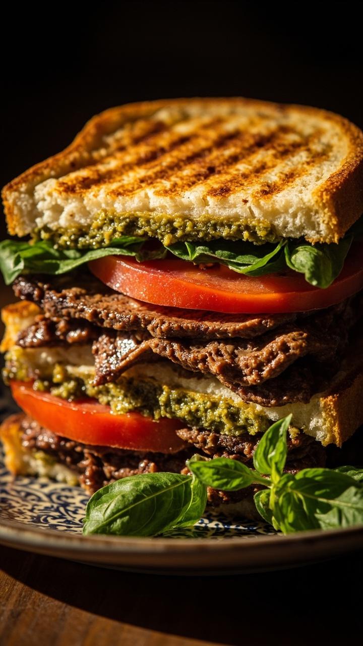 Golden toasted sandwich bread with grill marks, filled with layers of juicy steak, bright green pesto, and tomato slices, cut in half and stacked on a patterned plate with basil leaves for garnish.