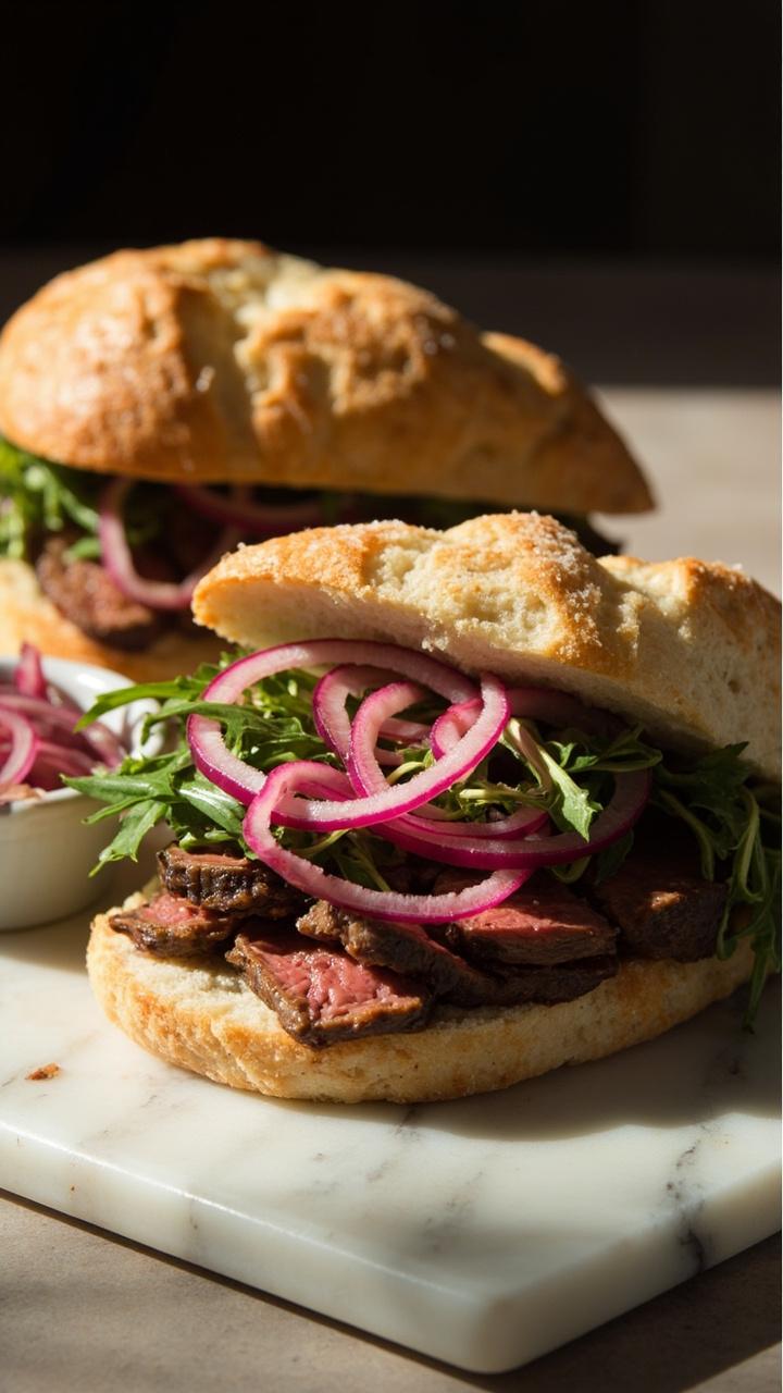 Slices of airy focaccia split horizontally, filled with rare steak, vibrant pink pickled red onion rings, and a layer of baby arugula, served on a marble slab with a small ramekin of the pickled onions nearby.