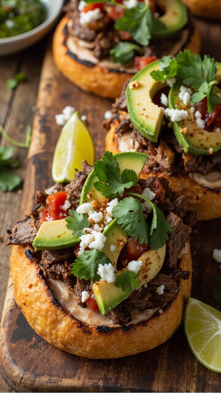 Bolillo rolls spread with refried beans, stacked with spiced grilled steak strips, sliced avocado, red salsa, crumbled queso fresco, and fresh cilantro, served on a rustic wood board with lime wedges.