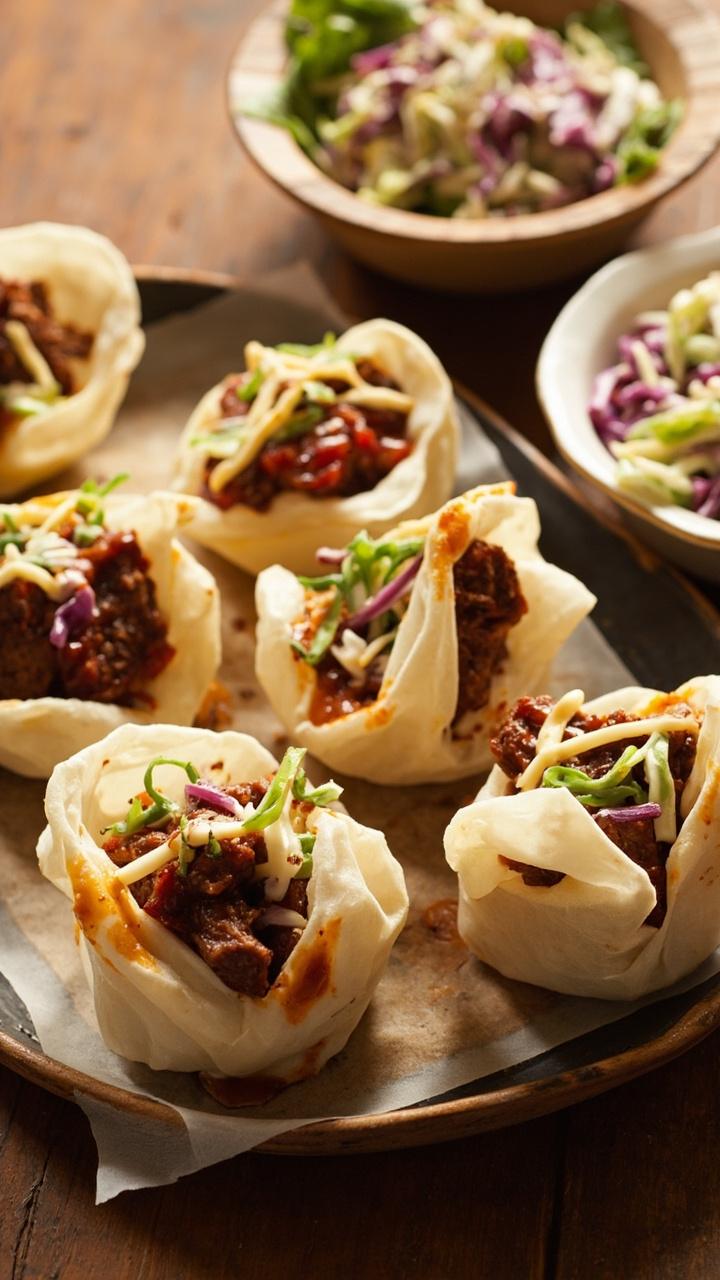 Mini slider buns overflowing with barbecue-glazed steak slices, topped with creamy cabbage slaw, arranged neatly on a serving tray with extra slaw in a bowl beside them.