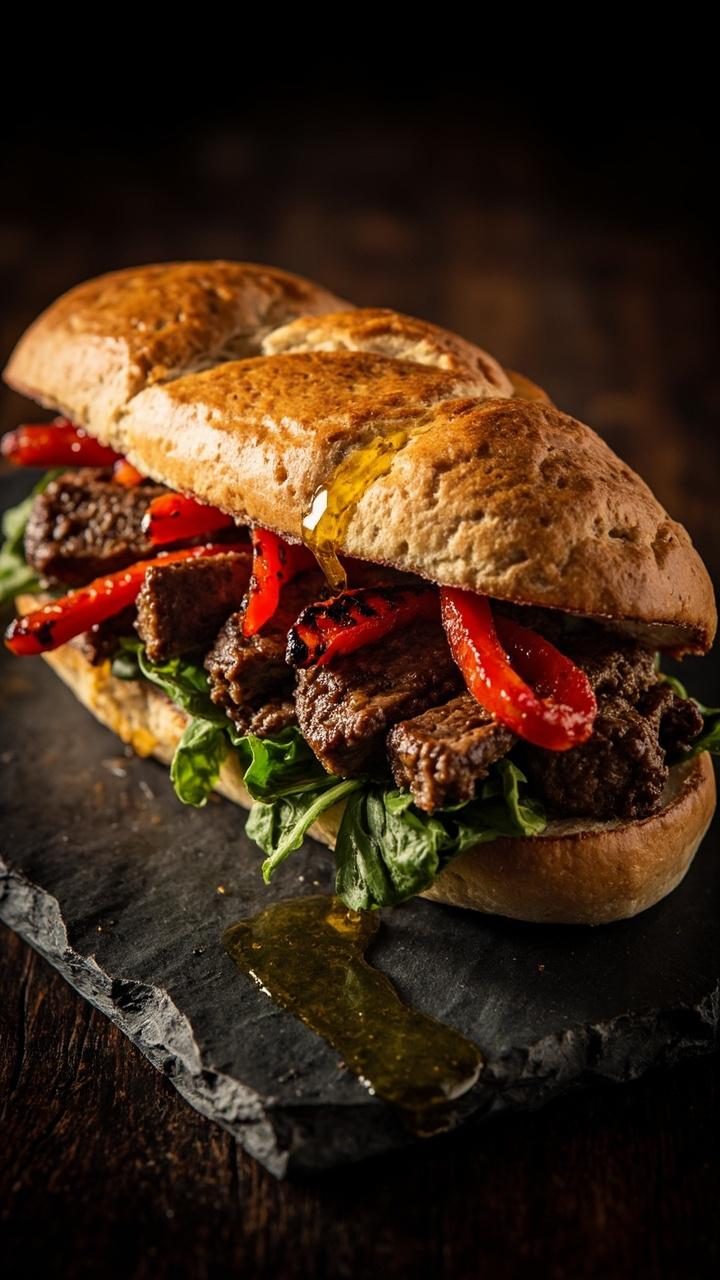 Ciabatta roll toasted and filled with grilled steak strips, strips of roasted red pepper, and a handful of fresh baby spinach, presented on a slate platter with a drizzle of olive oil.