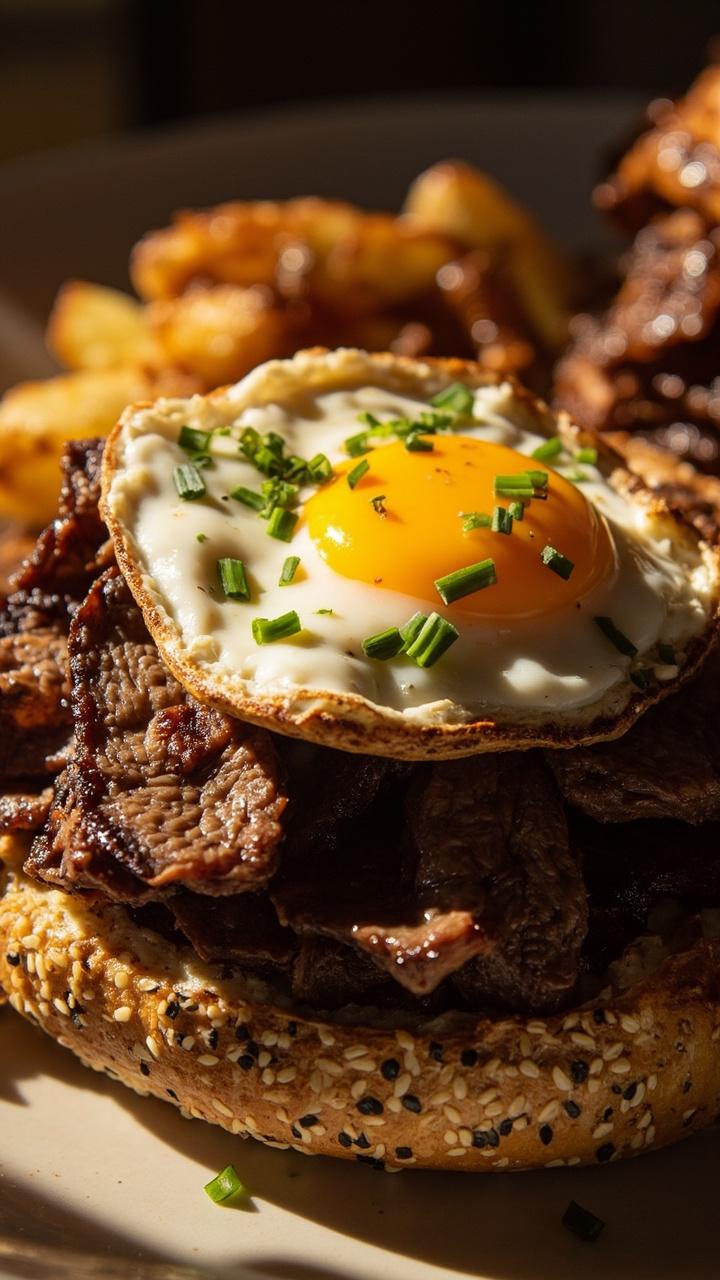 Everything bagel sliced and piled with juicy steak strips, a perfectly fried sunny-side-up egg, and a sprinkle of chives, plated with a few breakfast potatoes on the side.