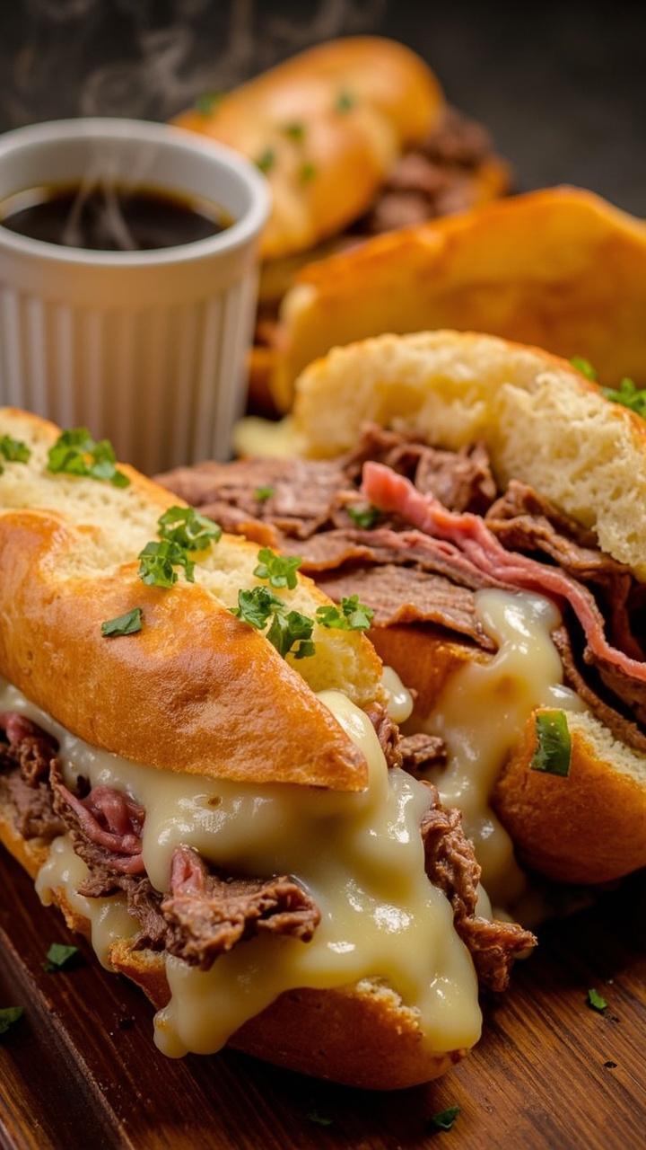 Toasted baguette halves stuffed with thinly sliced steak and melted Swiss cheese, cut in half, served on a platter with a small bowl of warm au jus for dipping, garnished with parsley.